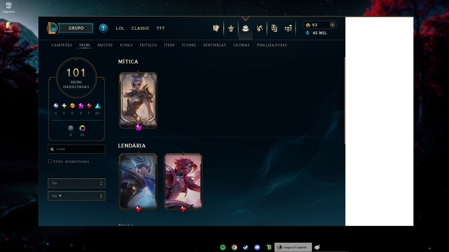 CONTA LOL PLATINA | 101 SKINS | 3 SKINS PRESTÍGIO | COLEÇÃO RIVEN |