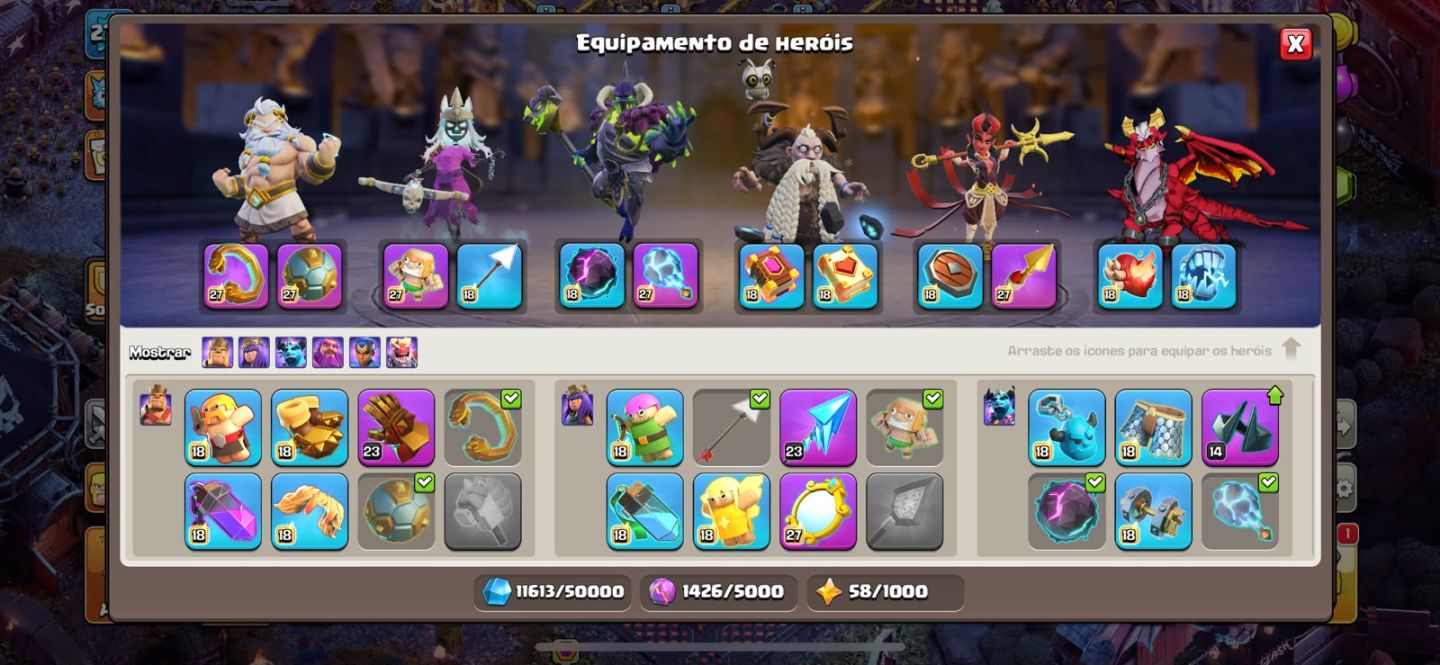 Conta Clash of Clans Nível 235 Heróis Altos Skins Lendárias Equipament Evoluídos