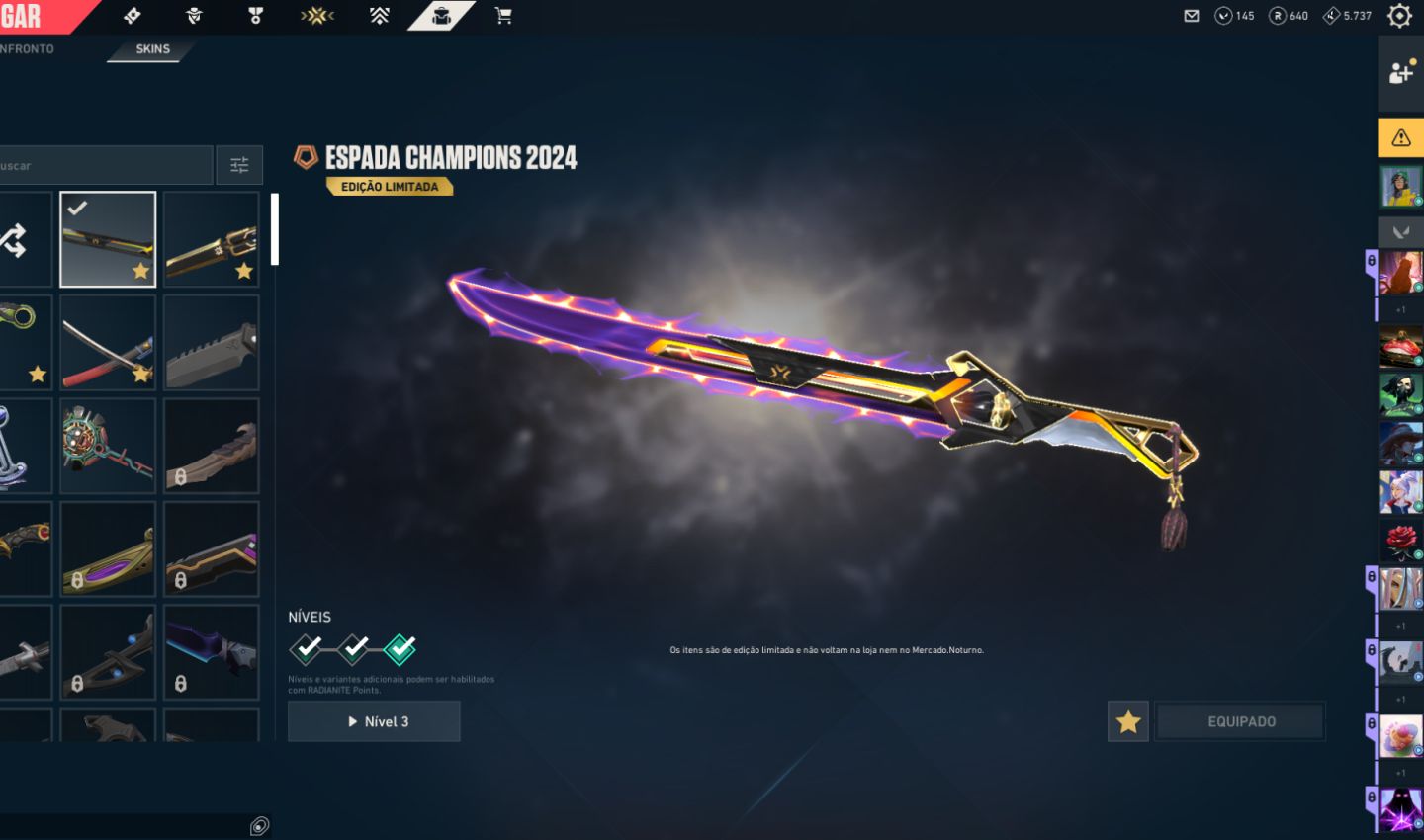 Conta Valorant Dima com faca, phantom e vandal Champions 2023, 2024 e 2025