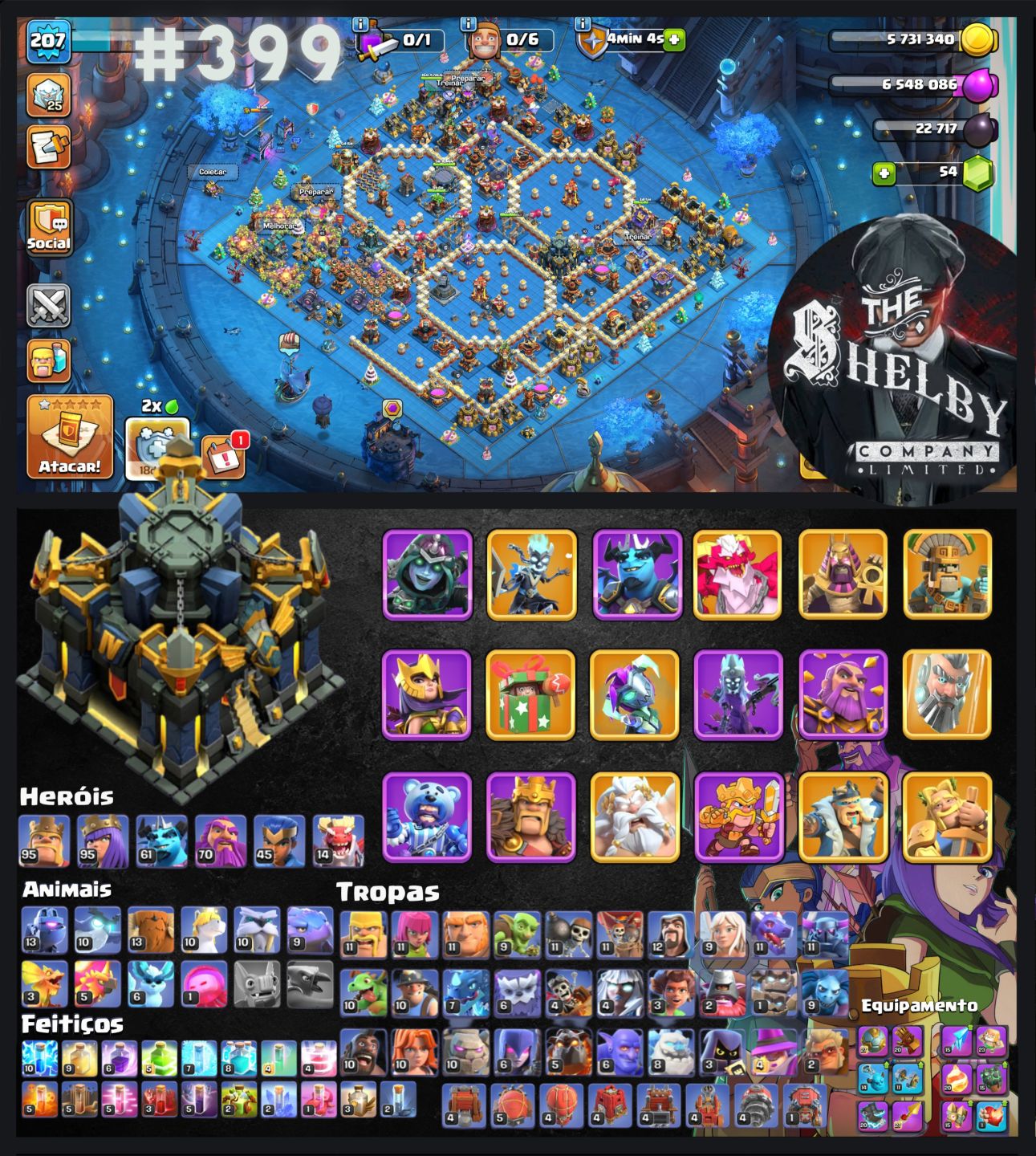 Contas de Clash of clans CV 13, 14, 15, 16, 17, 18 Com Várias Skins e Paisagens.