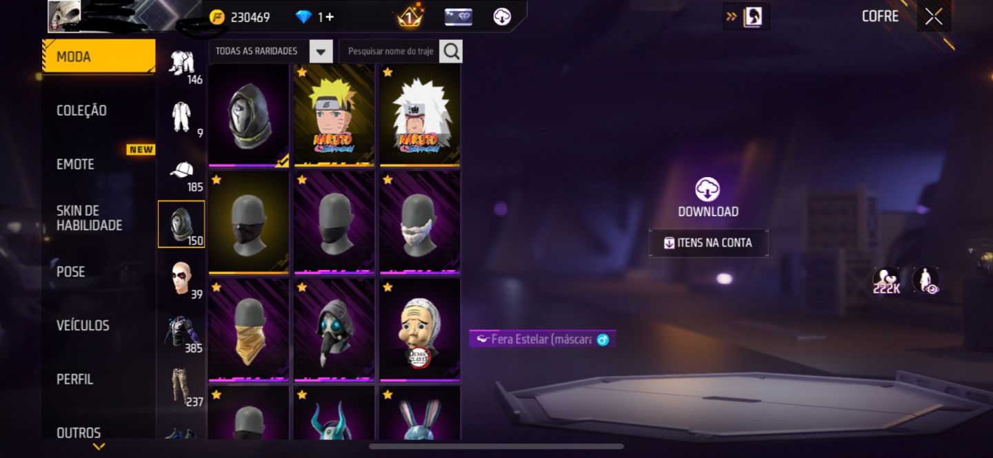 Conta Free fire level +70 com punho e naruto e tudo mais!!