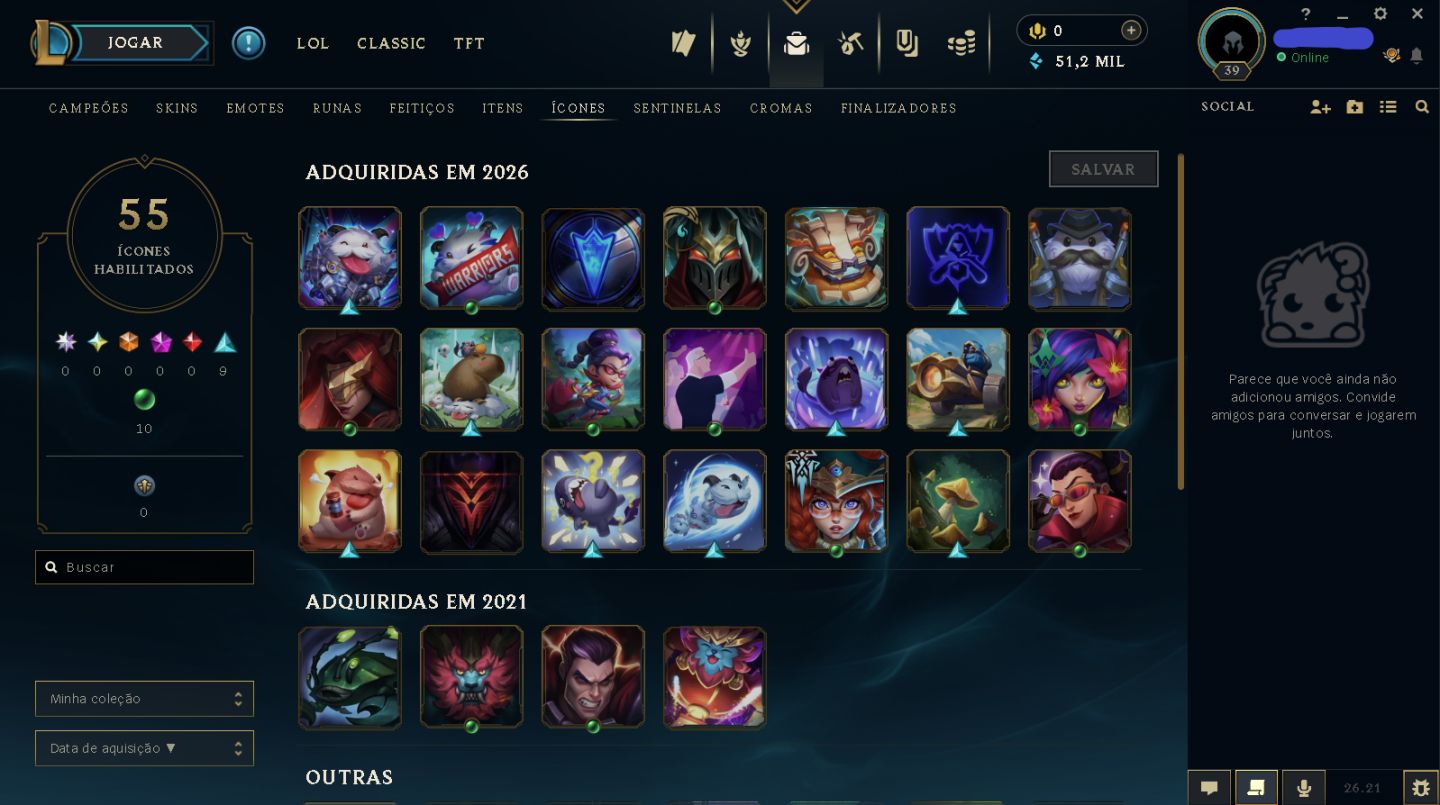 Conta de LoL Nível 39 | Mestre (68% WR) | 30 Campeões | 3 Skins | 55 Ícones e +