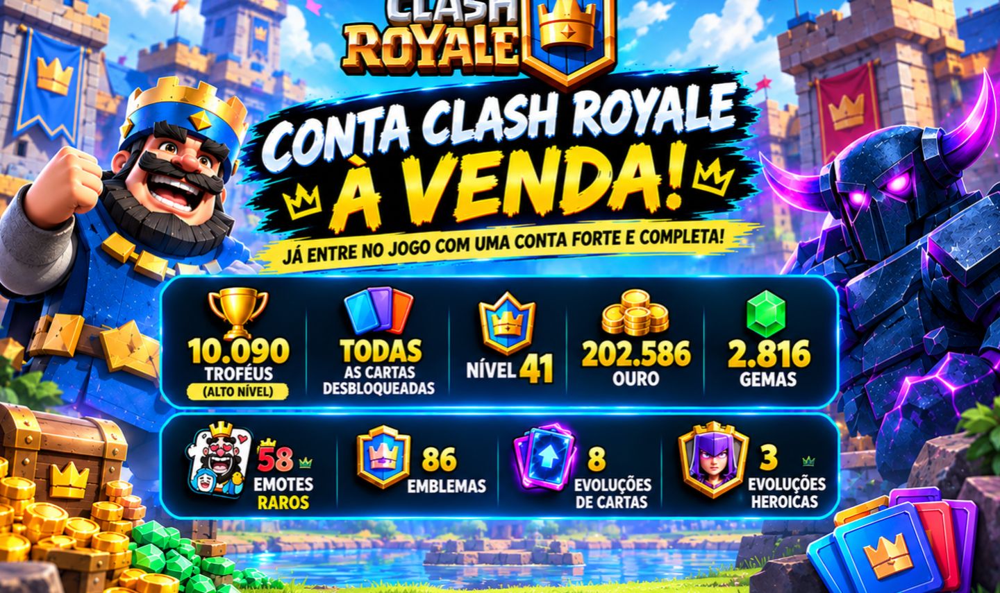 Conta Clash Royale com 10.090 troféus, cartas e itens raros
