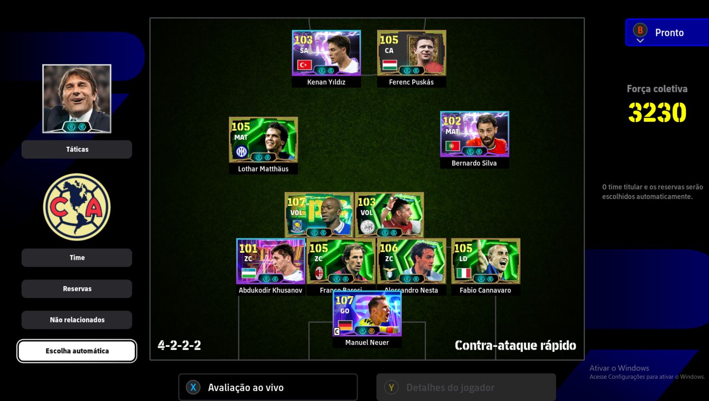 EFOOTBALL STEAM FORÇA 3230 | PUSKÁS 105, MATTHÄUS 105, KANTÉ 107 E LENDAS