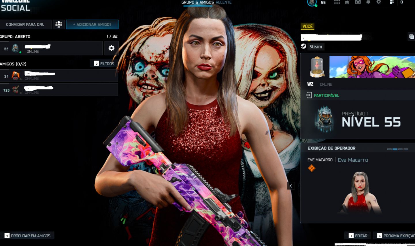 CONTA WARZONE SKINS RARAS COM BAILARINA, JASON, CHUCKY, NOIVA DO CHUCK, PREDADOR