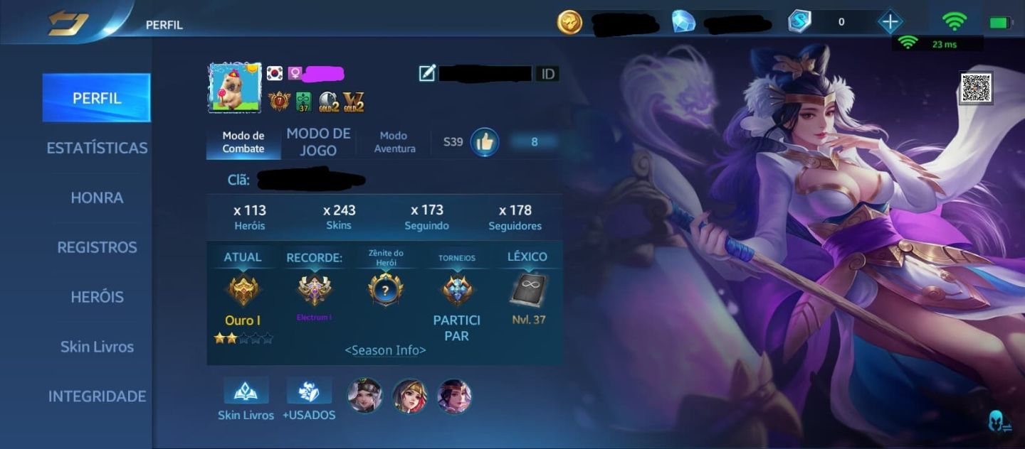 Conta - Heroes Evolved, nível: 43, heróis: 113, skins: 243.
