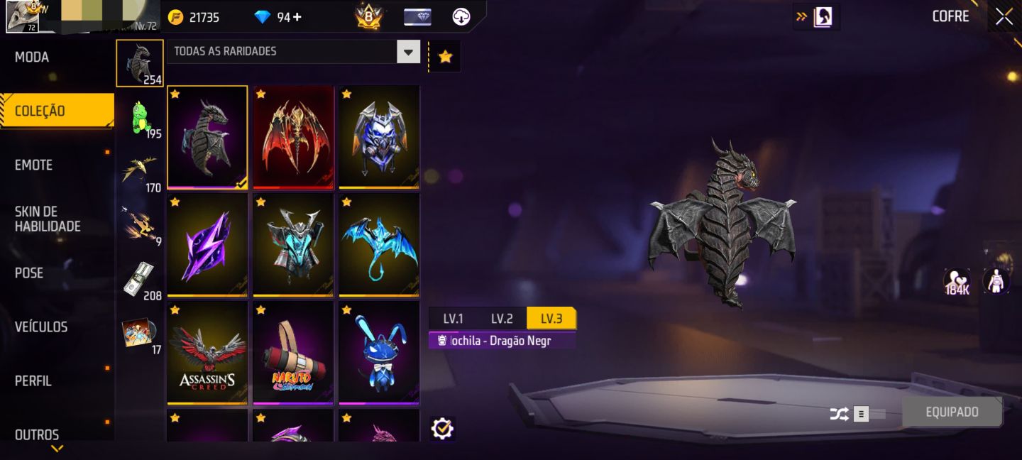 CONTA DE FREE FIRE, PRIME 8, 10 EVO, 2 PÉ DESCALÇO, +1K DE PEITAS, ITENS RAROS