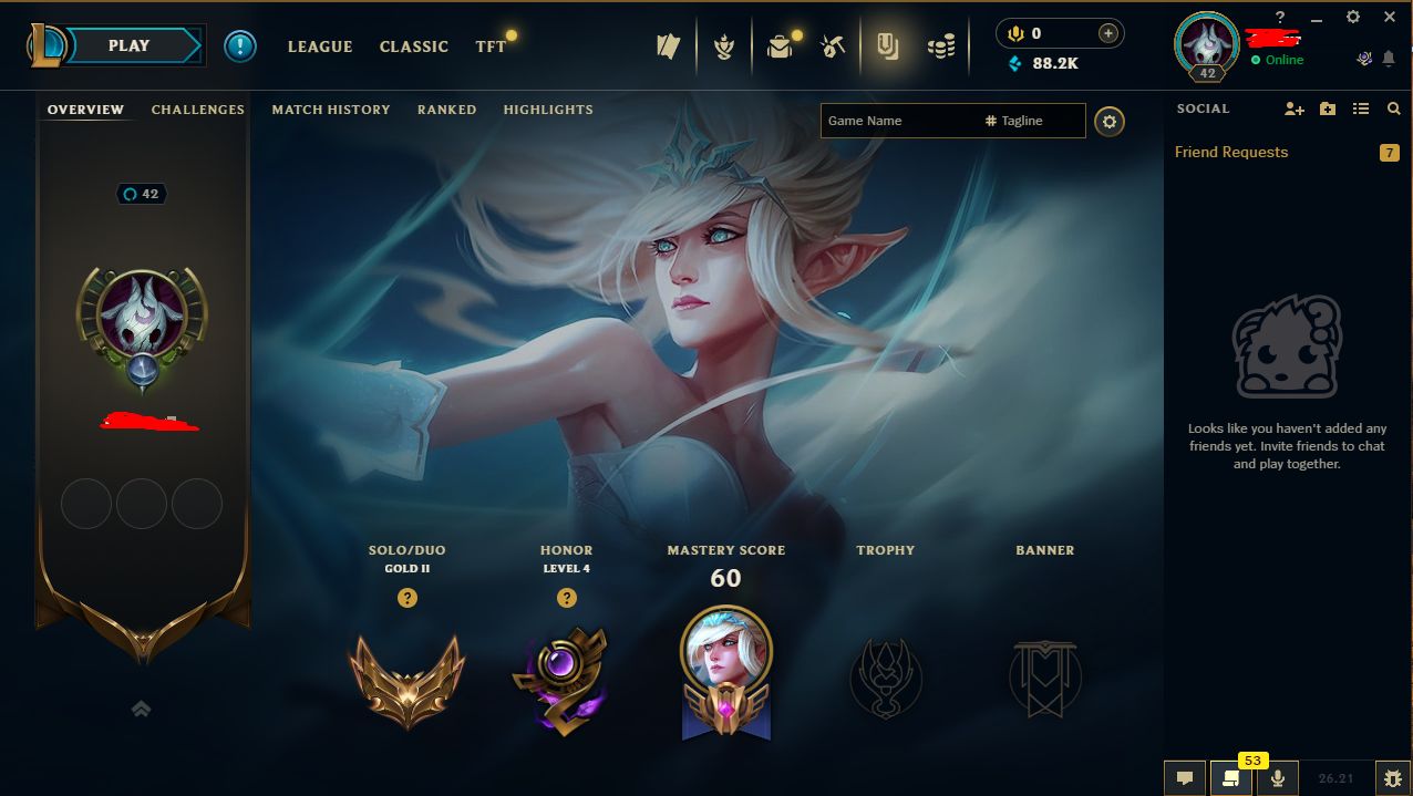Conta Lol GOLD 2 - 59 Pdl - 34 Campeões - 88K de Essencia Azul