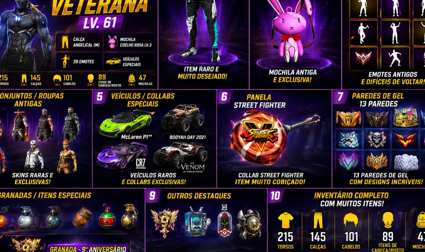 Conta de ff gemada level 61 e vários itens raros
