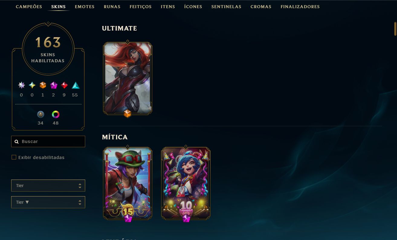 Conta League Of Legends 163 Skins/Ultimo elo platina/pode Troca a Senha e email