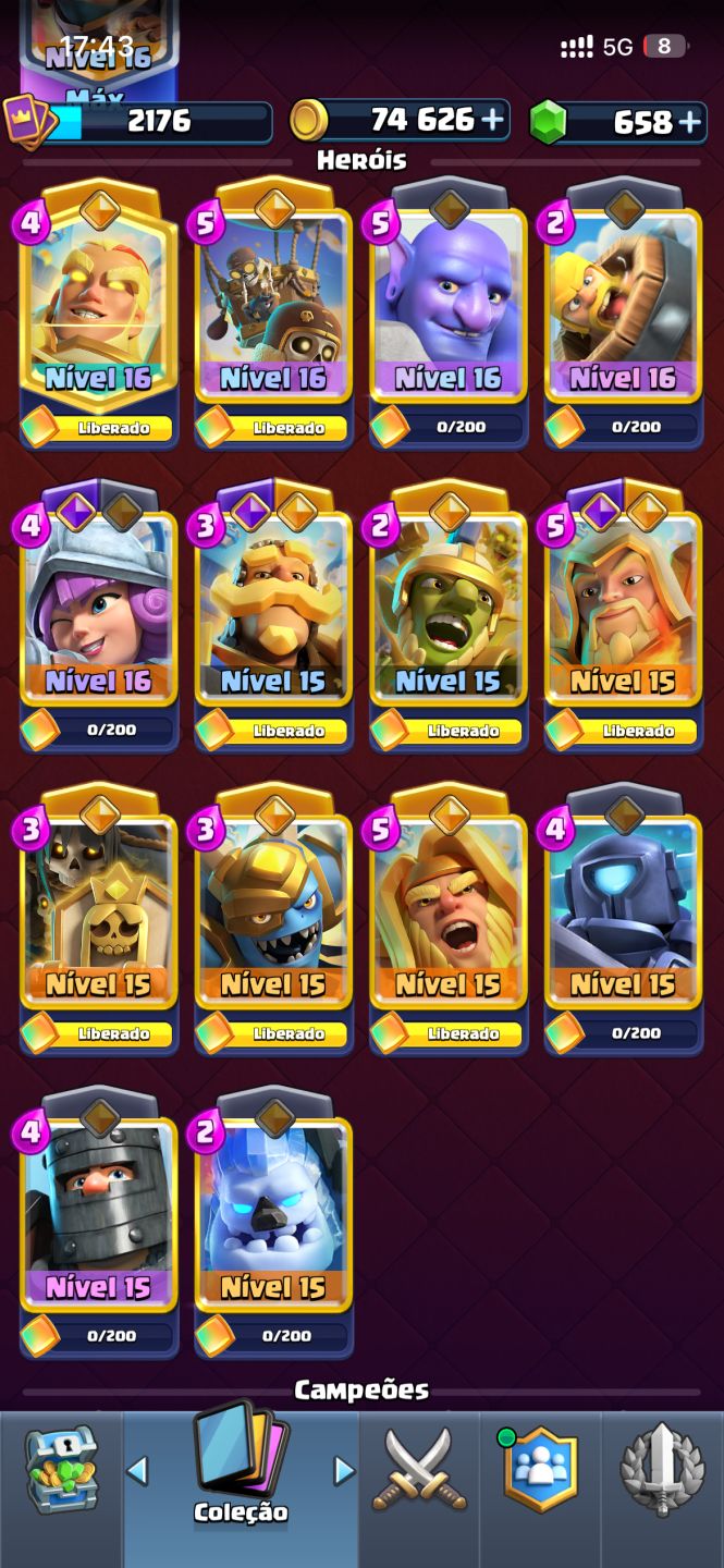 Conta de Clash Royale semi full, todas evo, 8 herois + 200 frag, 14mil trofeus