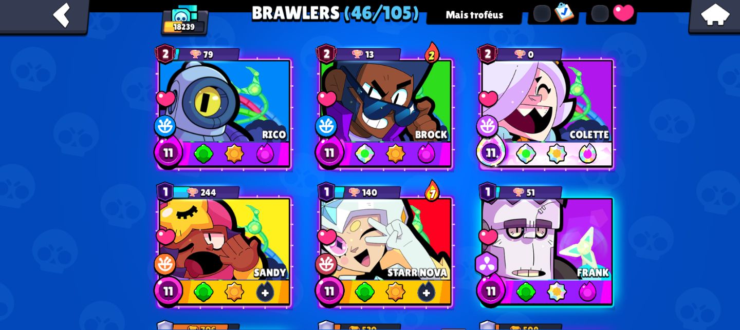 Conta brawl strars 18k troféus,46 brawlers 46 skins 1 hypercarregada, 1 lendaria