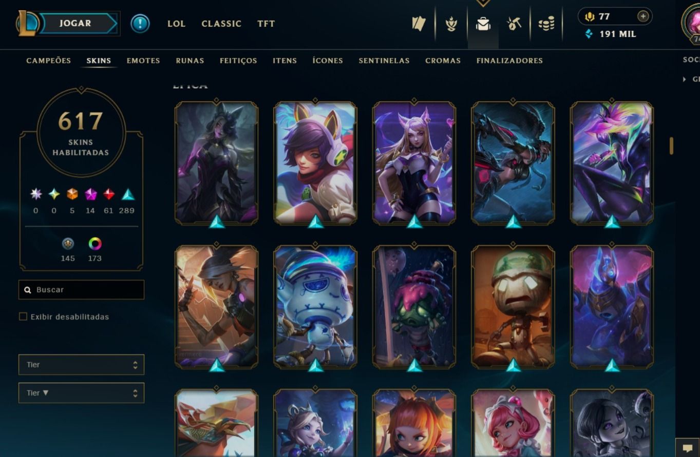 CONTA LOL BR 617 SKINS PLATINA III COM DADOS QUASE 200K DE EA PREÇO NEGOCIÁVEL
