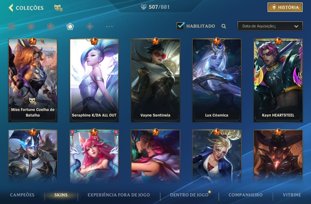 507 Skins| 15 Míticas |64 Lendárias|290 Épicas |Lv 226 |87,2K Coleção| 1978 dias