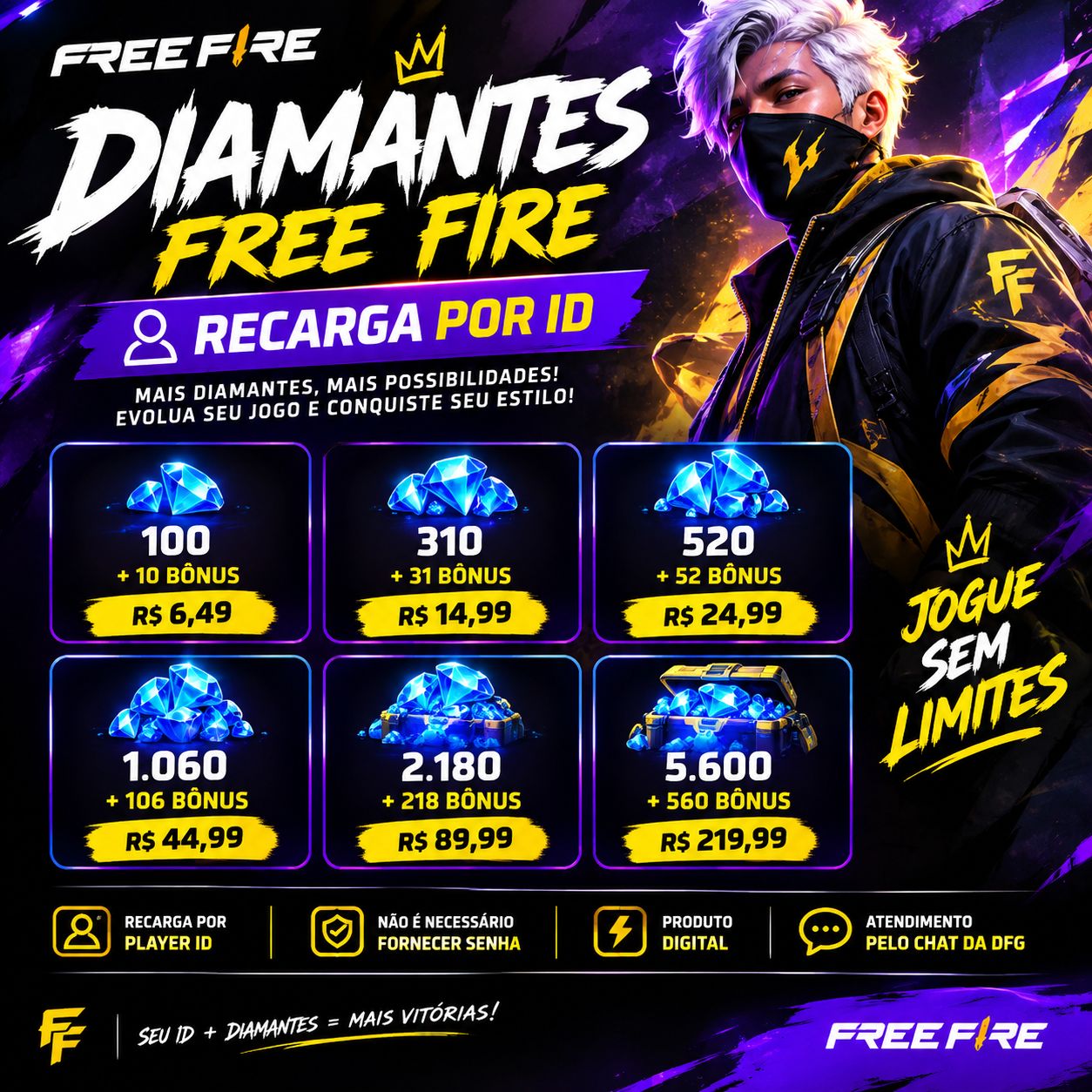 Diamantes Free Fire via ID | Entrega Rápida + Bônus