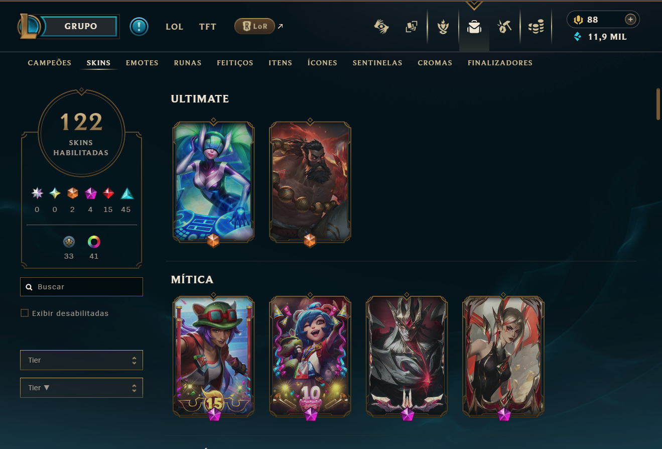 Conta Full Acesso LoL - 168 CH | 122 SKINS | HONRA 5 | TFT SKINS | 443K TK