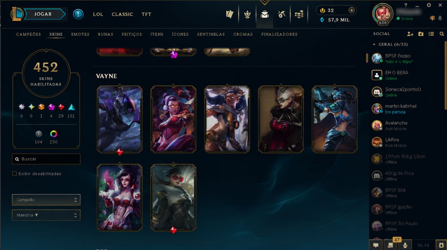 Conta de LOL diamante em todas as Filas com mais de 400 Skins e todos os champs