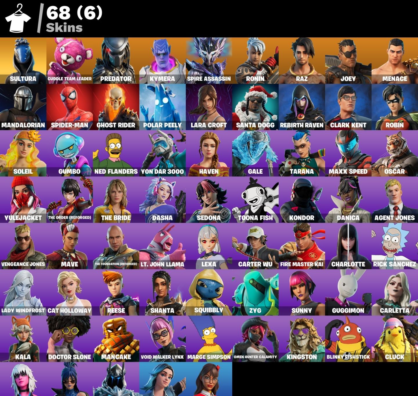 CONTA FORTNITE 68 SKINS/LARA CROFT/SPIDER-MAN/ CUDDLE TEAM LEADER/MOTOQUEIRO FAN