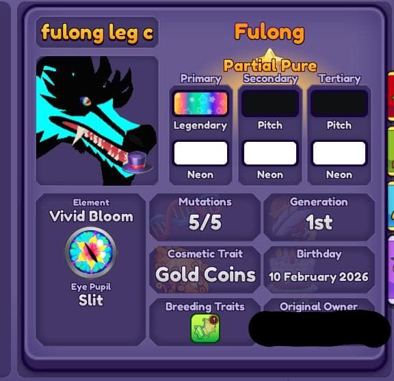 Fulong FM leg color, gold coins trait, vivid bloom element, 2026, pitch/pitch