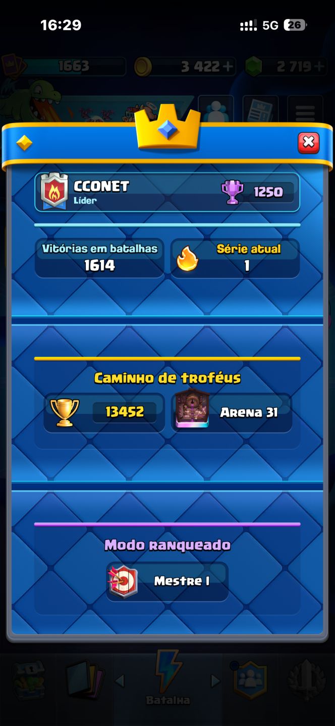 Conta Clash royale 13.5k trofeus com varias cartas lvl 16