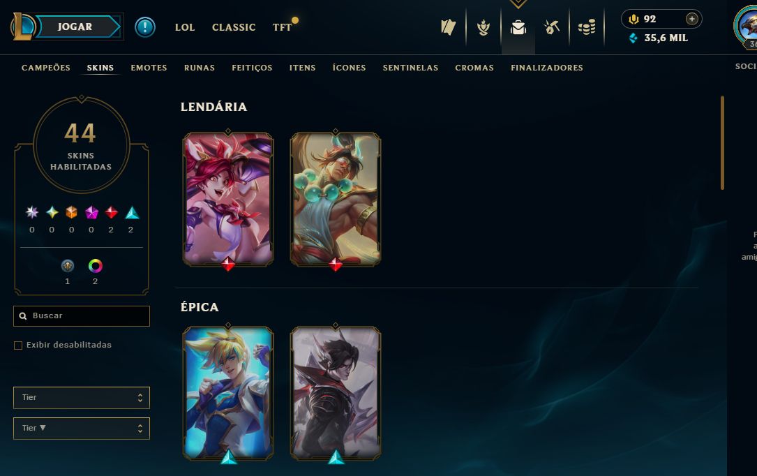 [Entrega Automática] Conta Lol Platina, 35K Ea, 44 Skins, 2 Lendárias, Honra 4