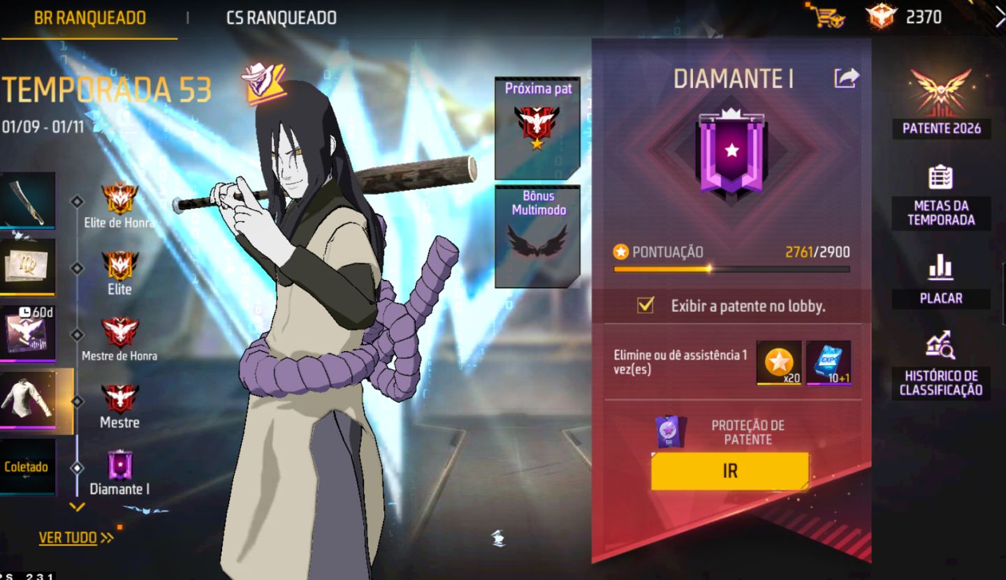 Conta de Freefire com Varios passes antigos, Skins do Naruto e Eventos.