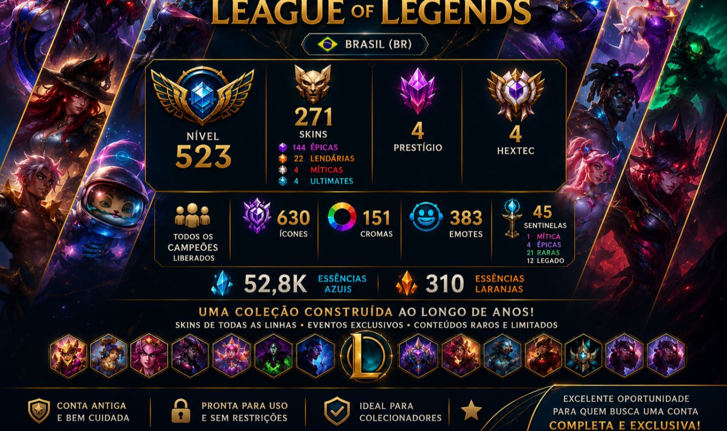 League of Legends | Conta Colecionador | 271 Skins | 630 Icones Todos os Champs