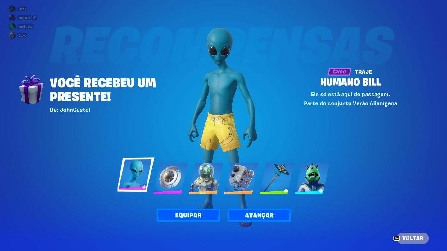 Fortnite Gifts: Skins/Itens - 50% do Valor