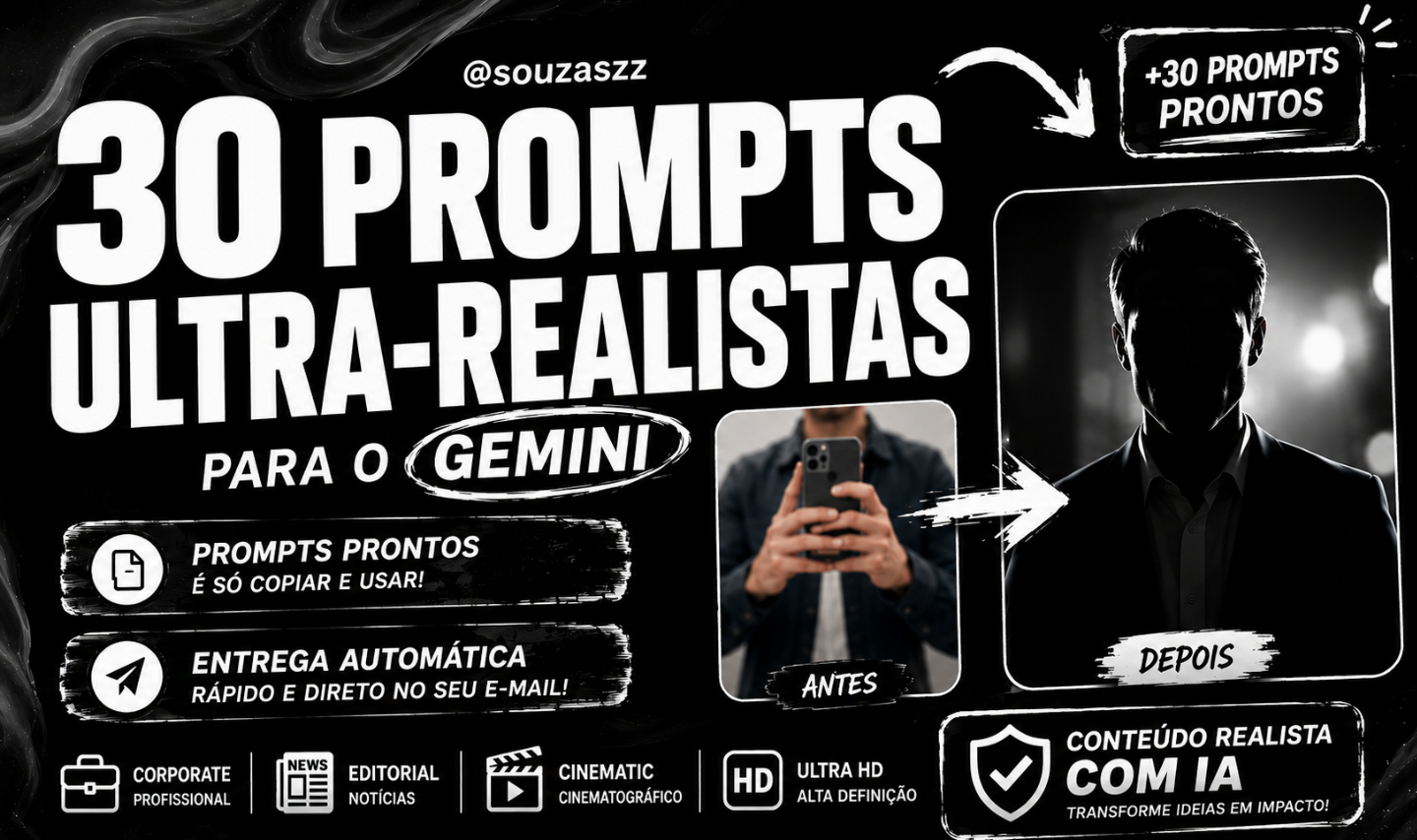 Pack 30 Prompts Ultra-Realistas para Gemini Fotos Profissionais em Minutos