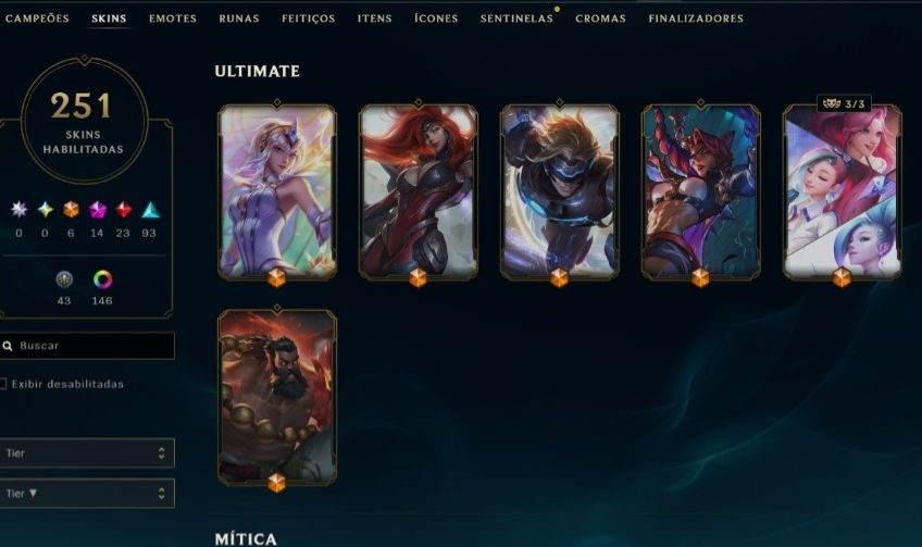 Conta RARA de lol desde 2015 com 251 skins e todas as ultimate