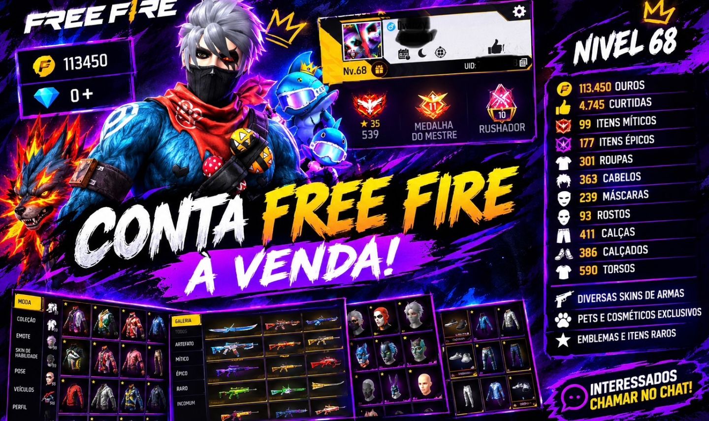 CONTA FREE FIRE LVL 68 | 113K OUROS | 590 PEITORAIS | UMP ATT