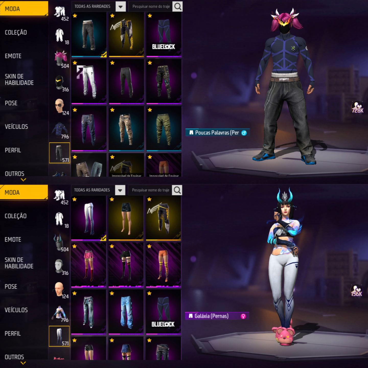 CONTA FREE FIRE FEMININA E MASCULINA, FOCO NO FEMININO