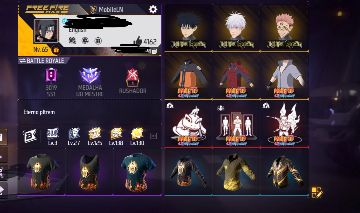 Conta muito antiga de FF com todas as skins de Naruto e jujutsu kaisen