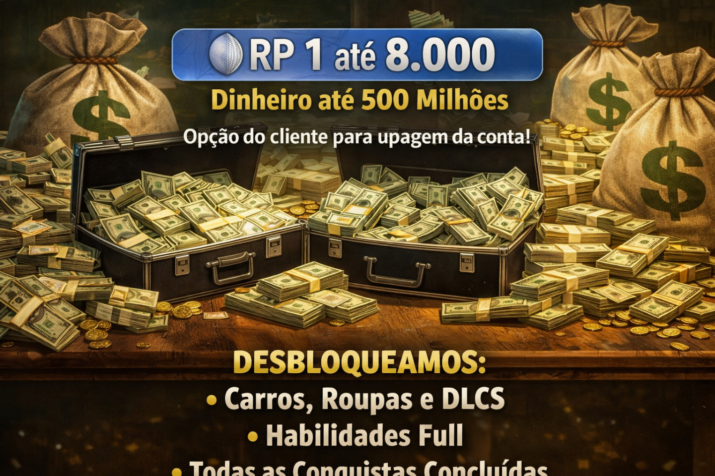 PACOTE UP GTA 5 - MONEY + LEVEL XP + TRAJES MODS E CARRO MOD + DIVERSOS UNLOCKS