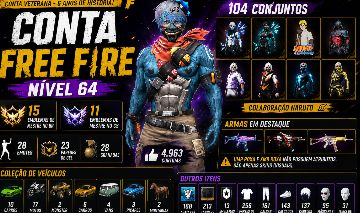 CONTA FREE FIRE NÍVEL 64 | 104 CONJUNTOS | 28 EMOTES | NARUTO |