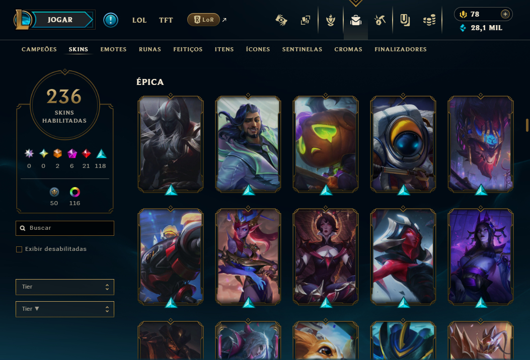 Conta LoL Unranked Nível 564 - 249 skins - Todos Campeões