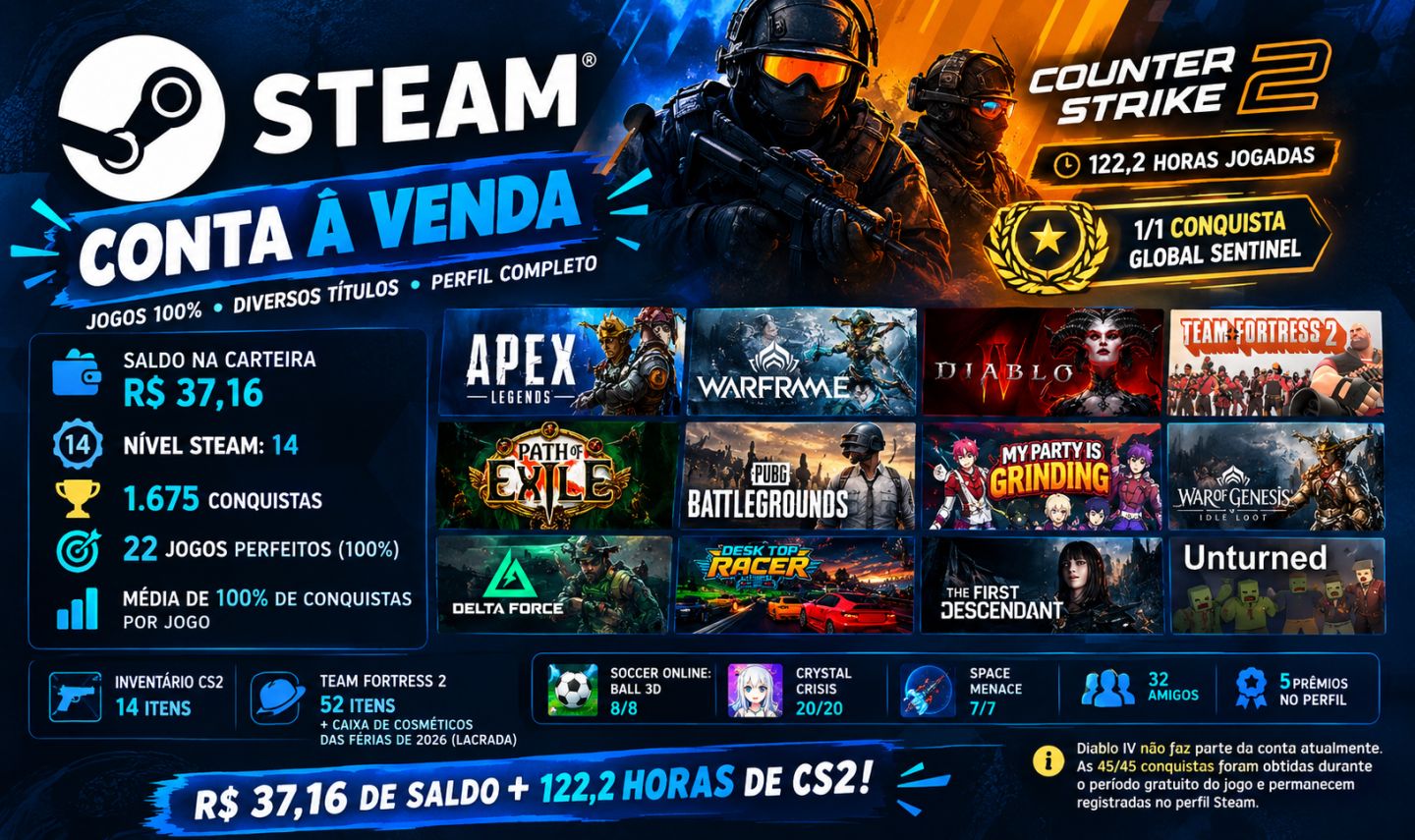 (PROMO) CONTA STEAM À VENDA + SALDO DE R$ 37,16 REAIS NA CONTA + BRINDE EXTRA