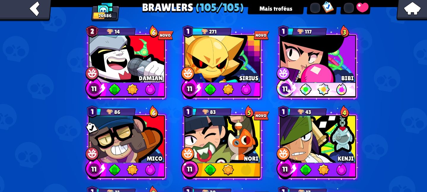 CONTA BRAWL STARS 76K TROFÉUS, COM VÁRIAS SKINS RARAS( BIBI HERÓICA)SHELLY BRUXA