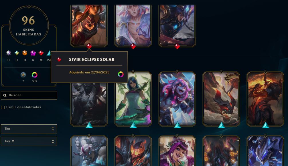 Conta league of legends full champs, nivel 95+, ouro 4 e com várias skins