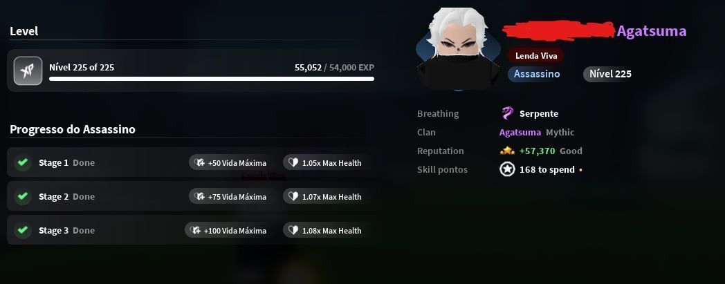 Conta com Katana Nightfall T3, Respiração da Serpente, Clã mitico (end game)