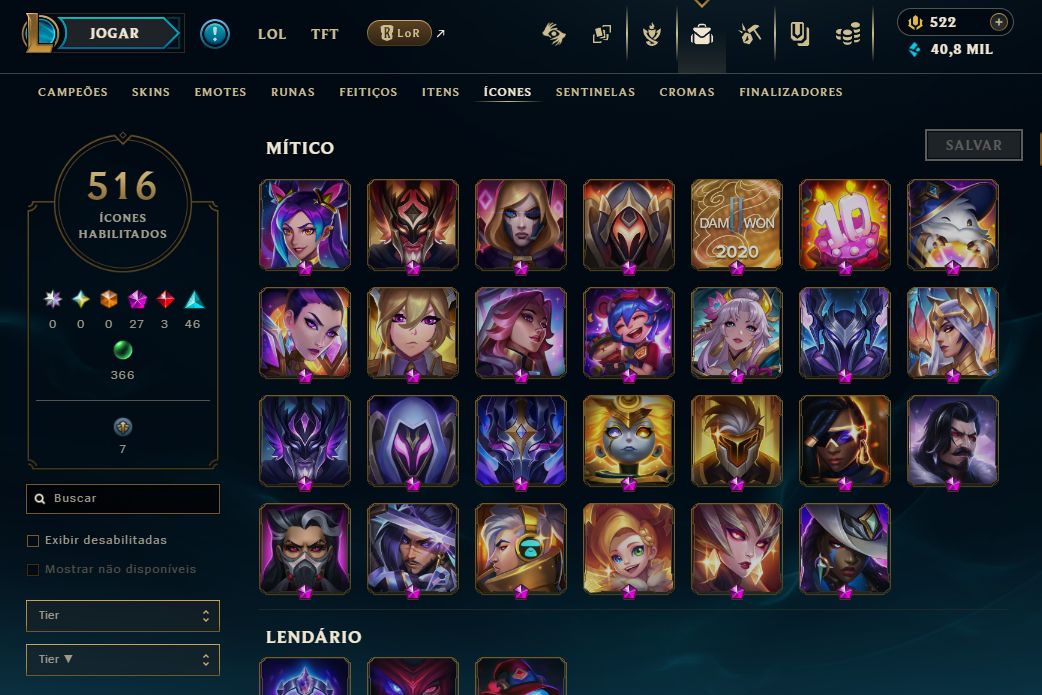 Conta LoL Full champs, 1000 skins, prestígios, platina, level 750