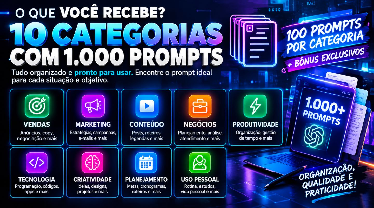 1.000+ Prompts para IA | Criar, e Trabalhar | ChatGPT + Gemini + Claude