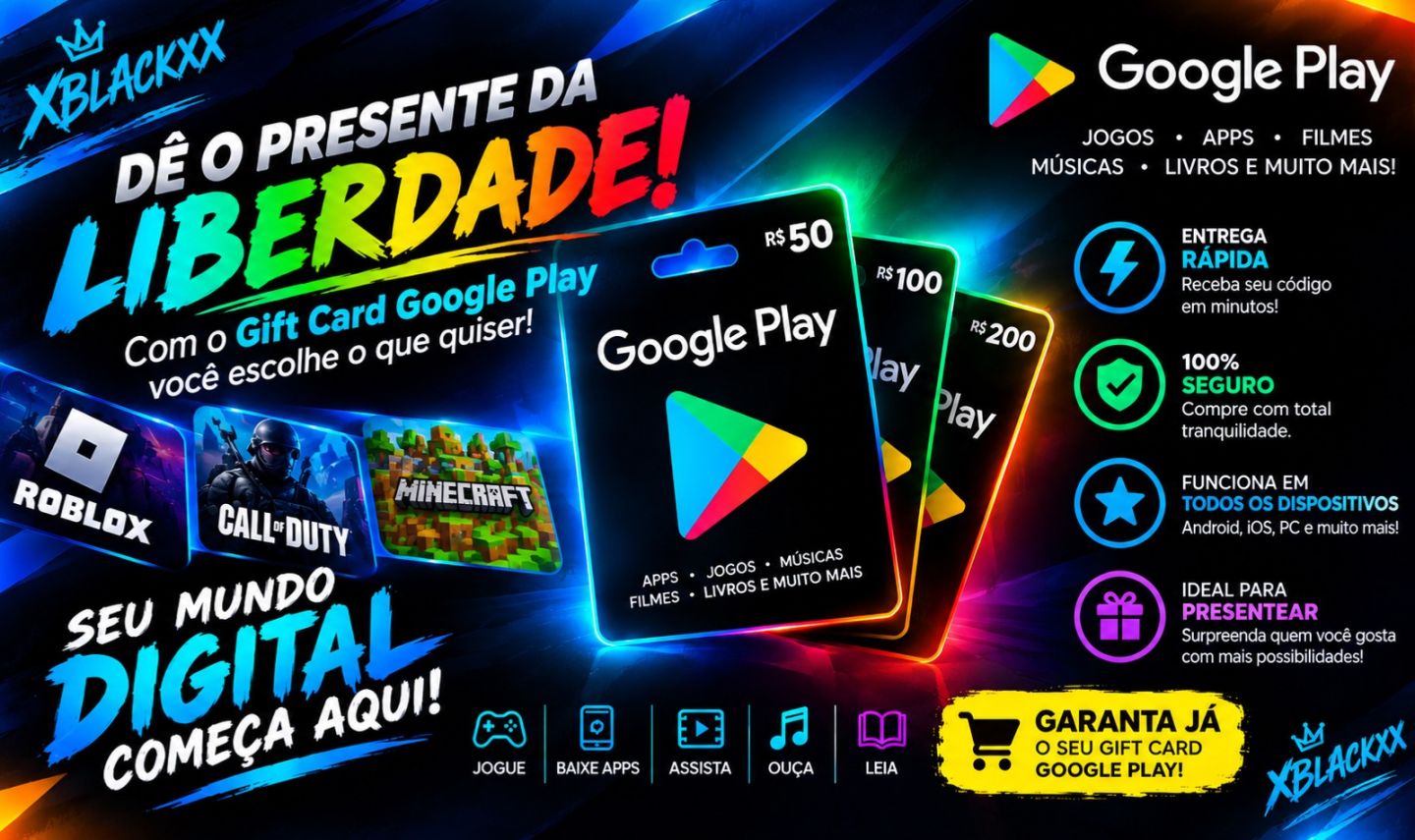 (O MAIS BARATO) GIFT CARD GOOGLE PLAY DE R$ 15 A R$ 200 [ENTREGA RÁPIDA]