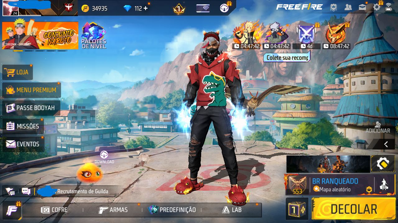 CONTA FREE FIRE MESTRE MODO RANK COM SKIN DINO DE FOGO E PUNHO CHIDORI