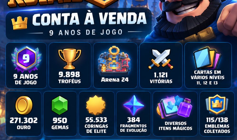 Conta Clash Royale 9 anos | 9.898 troféus | Arena 24 | Coleção avançada