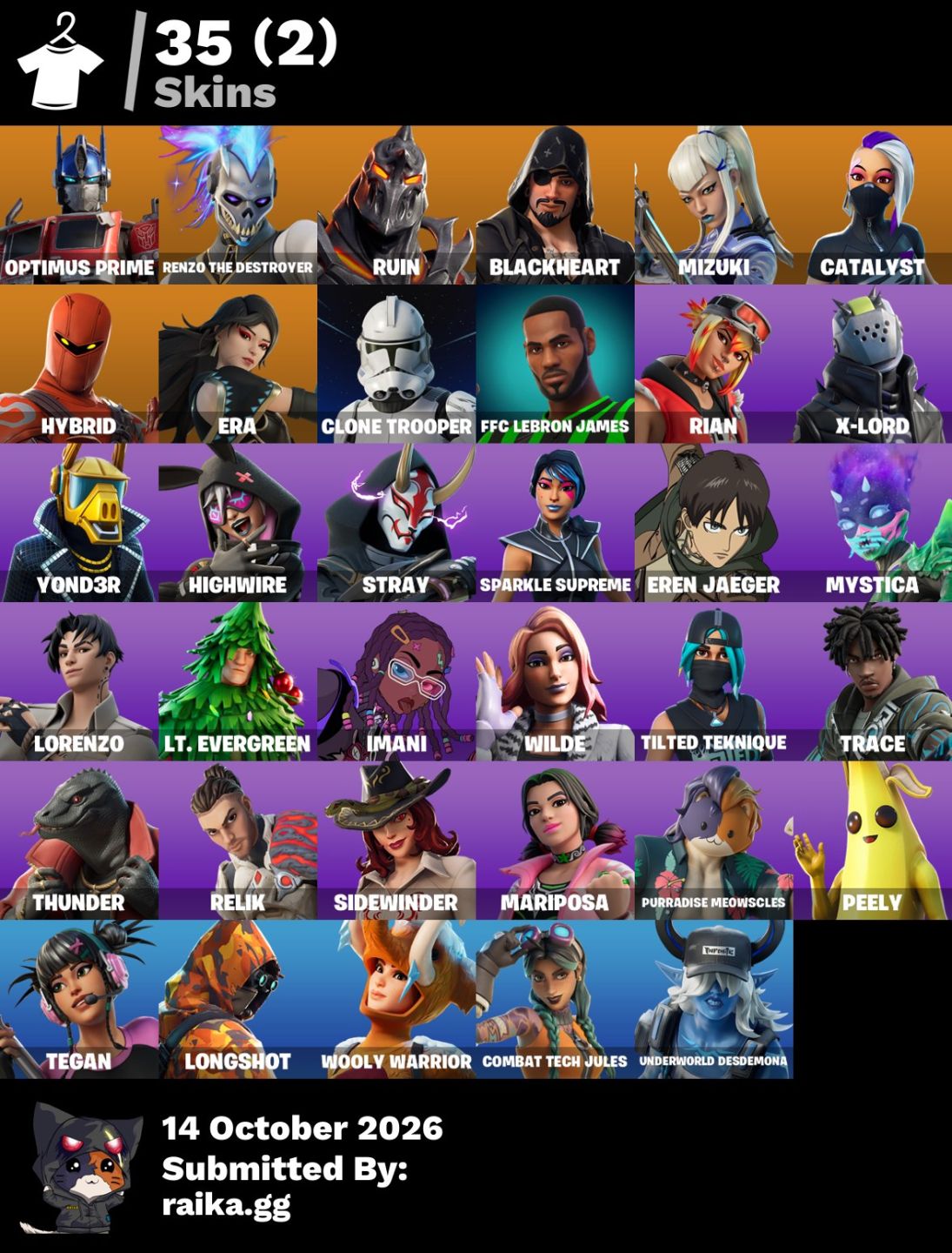 FORTNITE | 35 SKINS | OPTIMUS PRIME + EREN JAEGER + CATALYST + BLACKHEART | OG