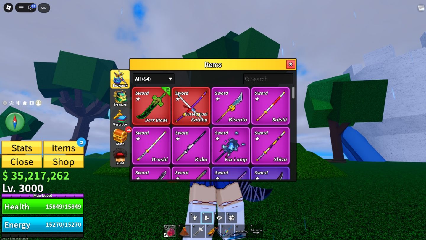 Conta blox fruits frutas perm, diversas espadas/armas e muito dinheiro