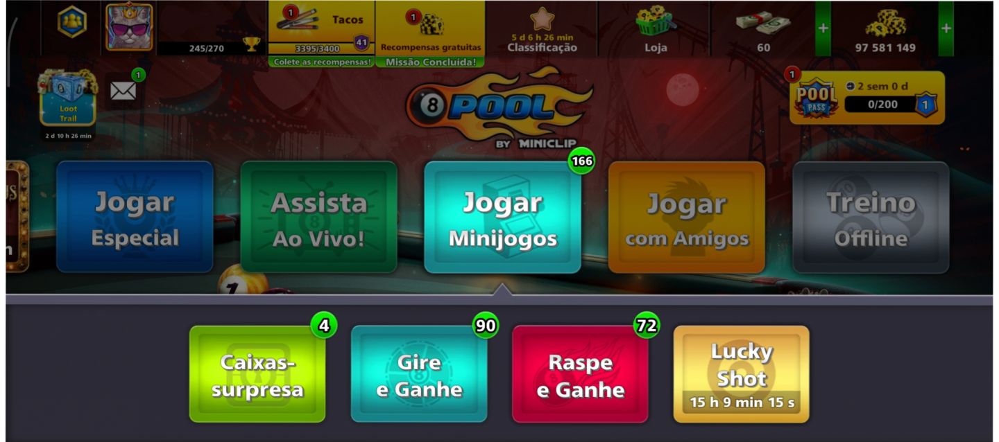 Conta 8 Ball Pool | 97M+ Fichas + Vários Tacos Lendários