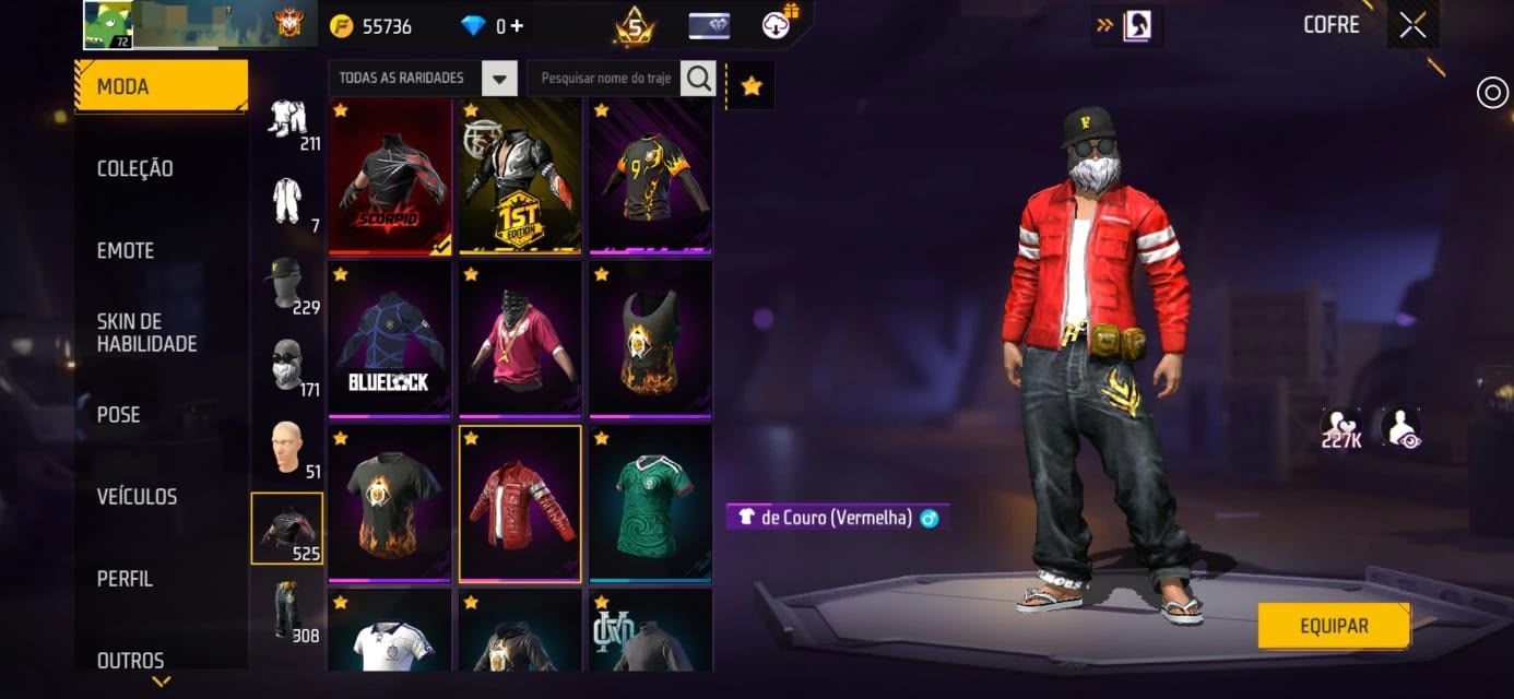 Conta free fire com as melhores roupas do jogo