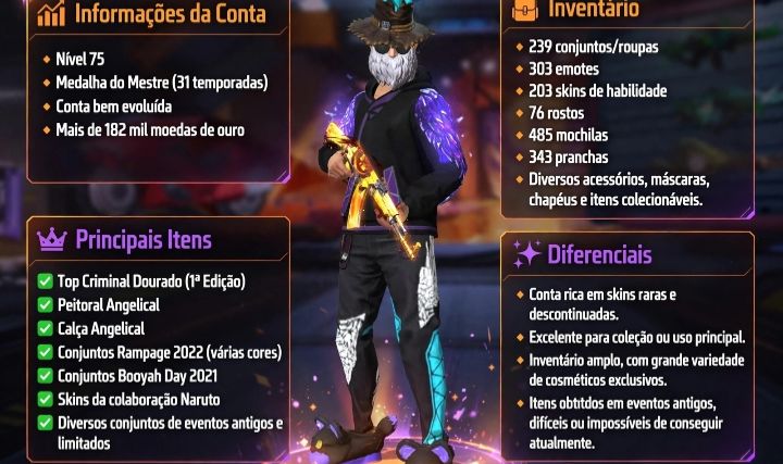 FREE FIRE | CONTA PREMIUM - NÍVEL 75 | RARA